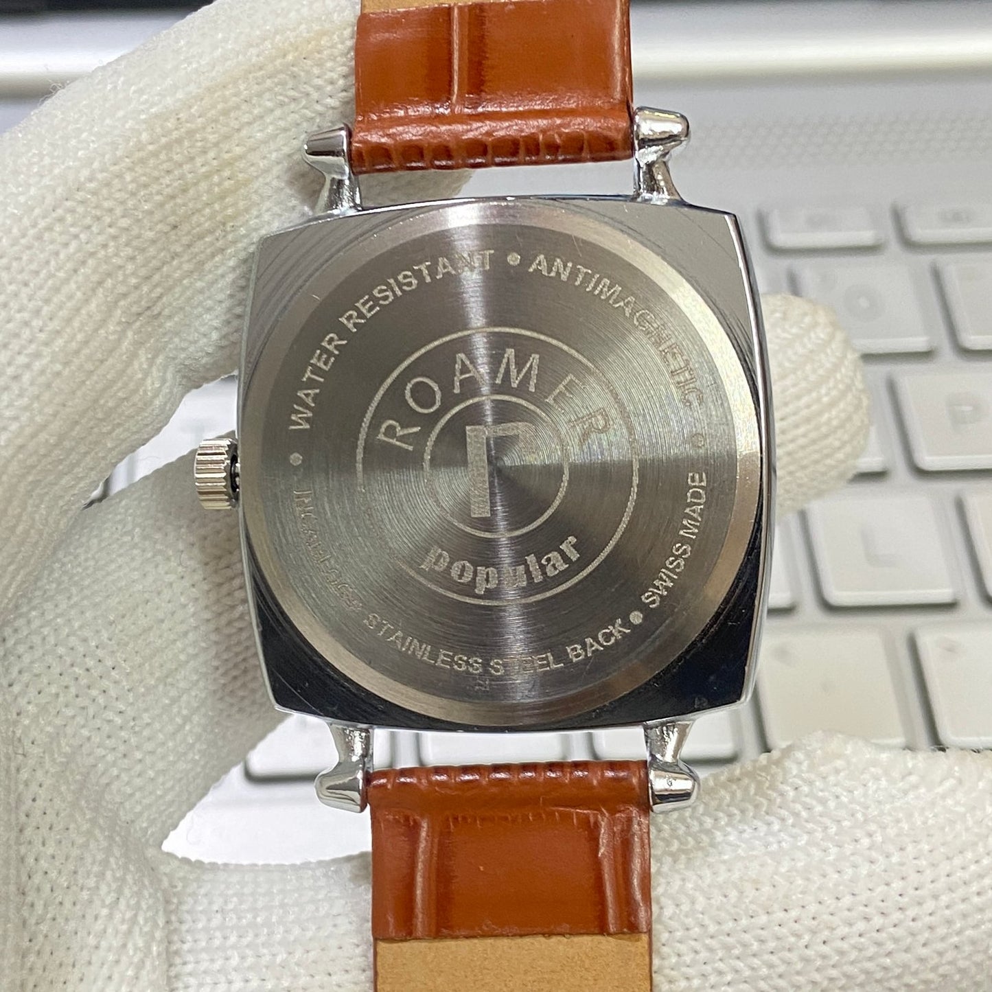Vintage Roamer silver Face Silver Case Mechanical Hand Winding 17 jewels Brown Leather Strap Men's Wrist Watch D57