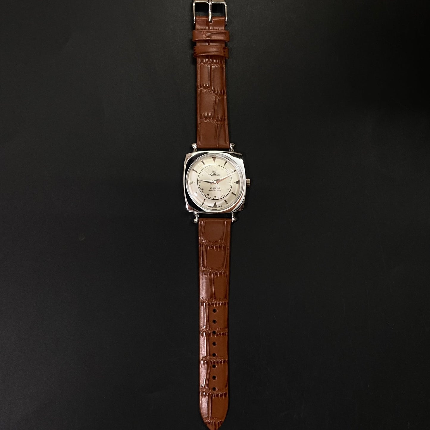 Vintage Roamer silver Face Silver Case Mechanical Hand Winding 17 jewels Brown Leather Strap Men's Wrist Watch D57