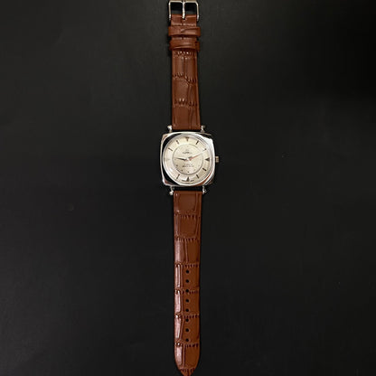 Vintage Roamer silver Face Silver Case Mechanical Hand Winding 17 jewels Brown Leather Strap Men's Wrist Watch D57