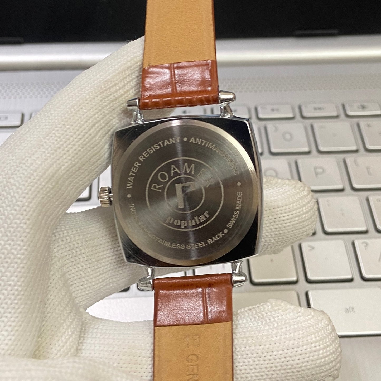 Vintage Roamer white Face Silver Case Mechanical Hand Winding 17 jewels Brown Leather Strap Men's Wrist Watch D58