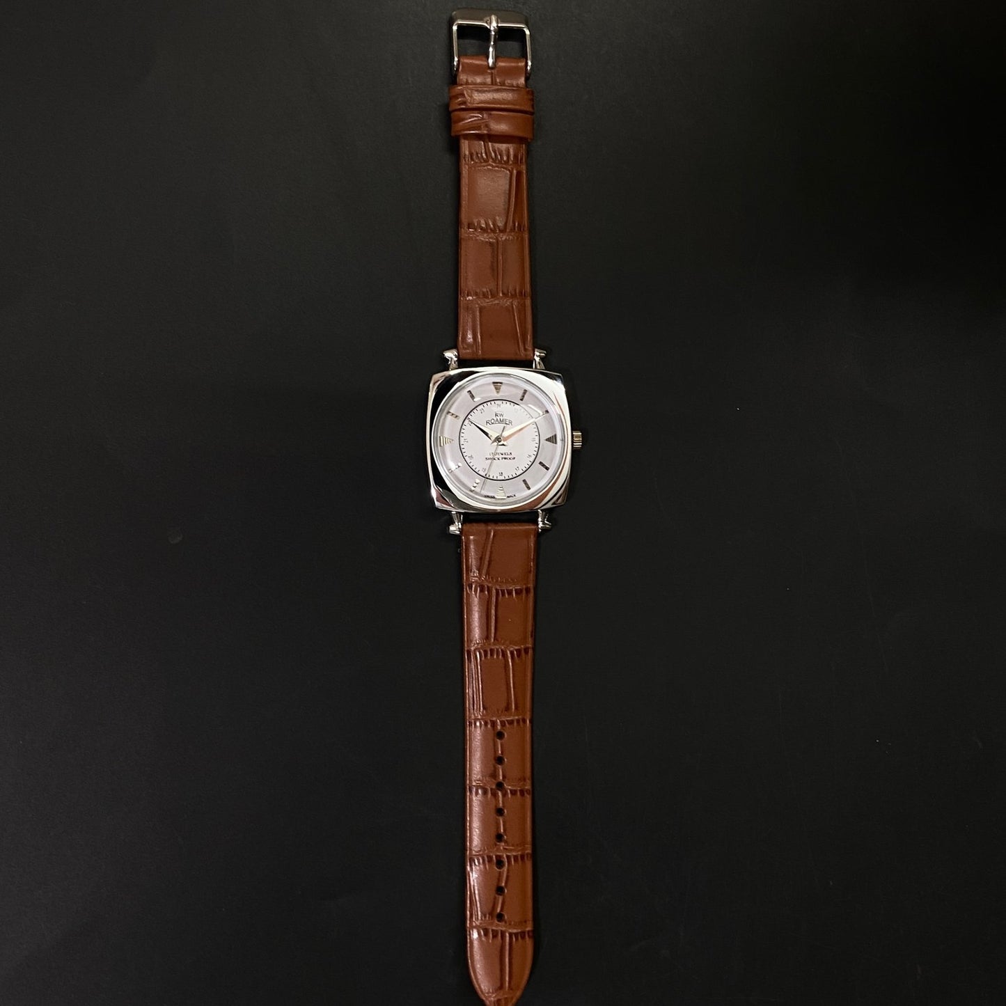 Vintage Roamer white Face Silver Case Mechanical Hand Winding 17 jewels Brown Leather Strap Men's Wrist Watch D58