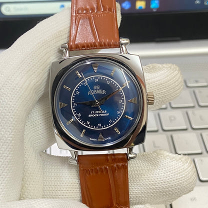 Vintage Roamer Blue Face Silver Case Mechanical Hand Winding 17 jewels Brown Leather Strap Men's Wrist Watch D59