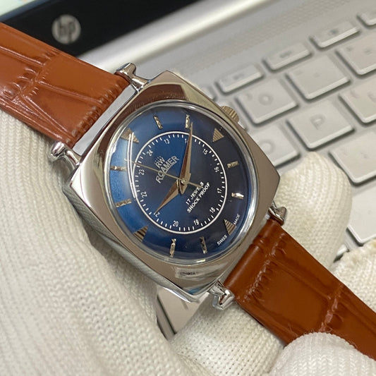 Vintage Roamer Blue Face Silver Case Mechanical Hand Winding 17 jewels Brown Leather Strap Men's Wrist Watch D59