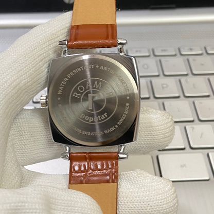 Vintage Roamer Blue Face Silver Case Mechanical Hand Winding 17 jewels Brown Leather Strap Men's Wrist Watch D59