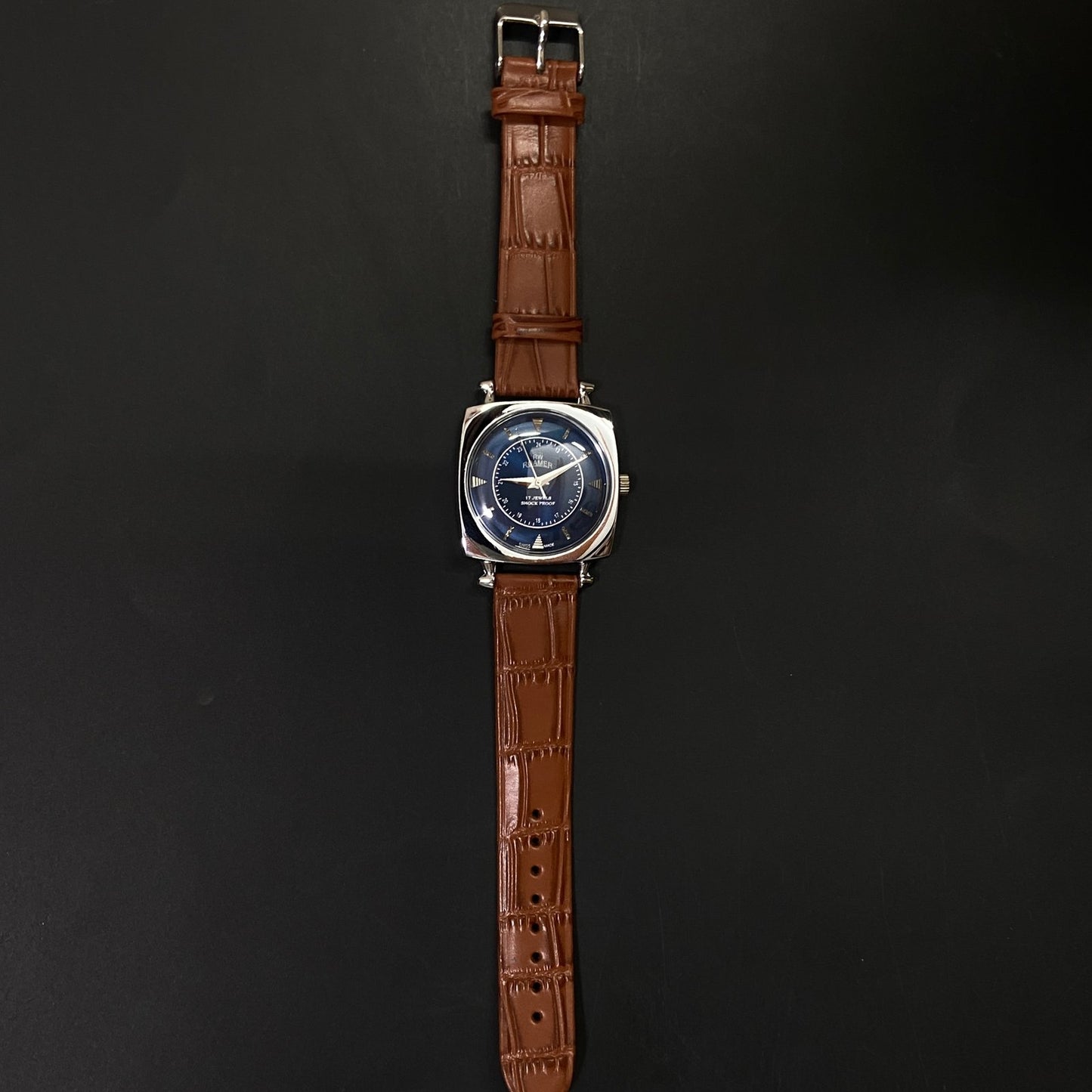 Vintage Roamer Blue Face Silver Case Mechanical Hand Winding 17 jewels Brown Leather Strap Men's Wrist Watch D59