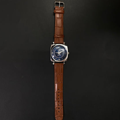 Vintage Roamer Blue Face Silver Case Mechanical Hand Winding 17 jewels Brown Leather Strap Men's Wrist Watch D59