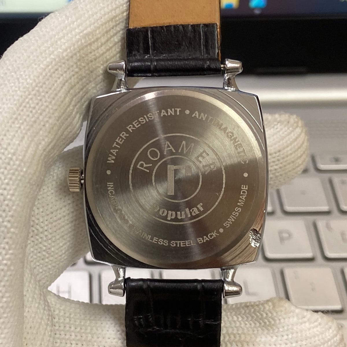 Vintage Mod Roamer Black Face Silver Case Mechanical Hand Winding 17 jewels Black Leather Strap Men's Wrist Watch D60