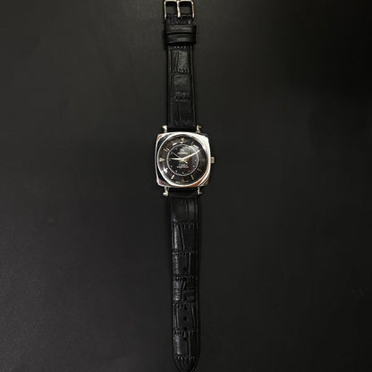 Vintage Roamer Black Face Silver Case Mechanical Hand Winding 17 jewels Black Leather Strap Men's Wrist Watch D60