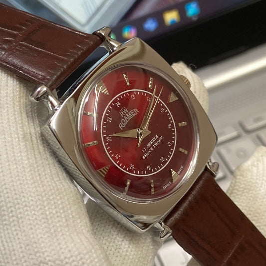 Vintage Roamer Red Face Silver Case Mechanical Hand Winding 17 jewels Brown Leather Strap Men's Wrist Watch D61