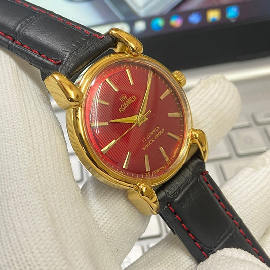 Vintage Roamer Red Face Golden Case Mechanical Hand Winding 17 jewels Black Leather Strap Men's Wrist Watch D62