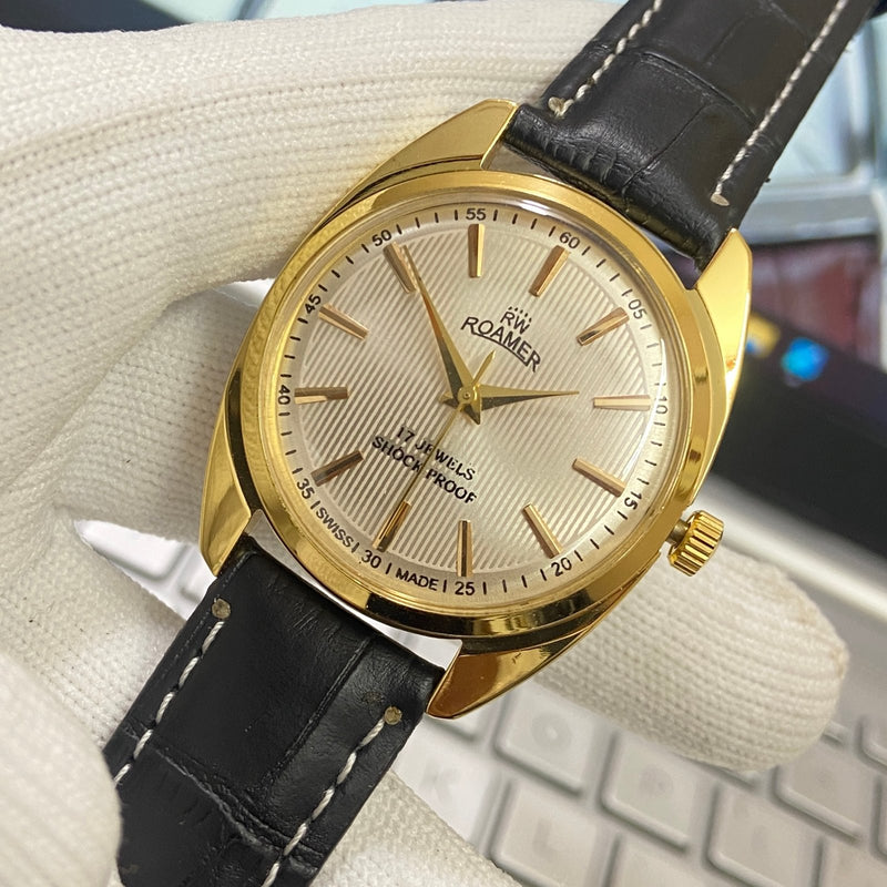 Vintage Mod Roamer Silver Face Golden Case Mechanical Hand Winding 17 jewels Black Leather Strap Men's Wrist Watch D63
