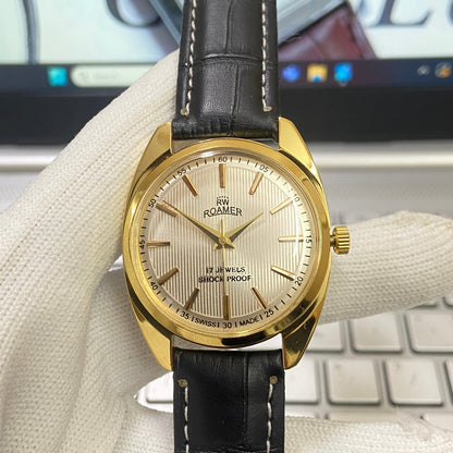 Vintage Roamer Silver Face Golden Case Mechanical Hand Winding 17 jewels Black Leather Strap Men's Wrist Watch D63