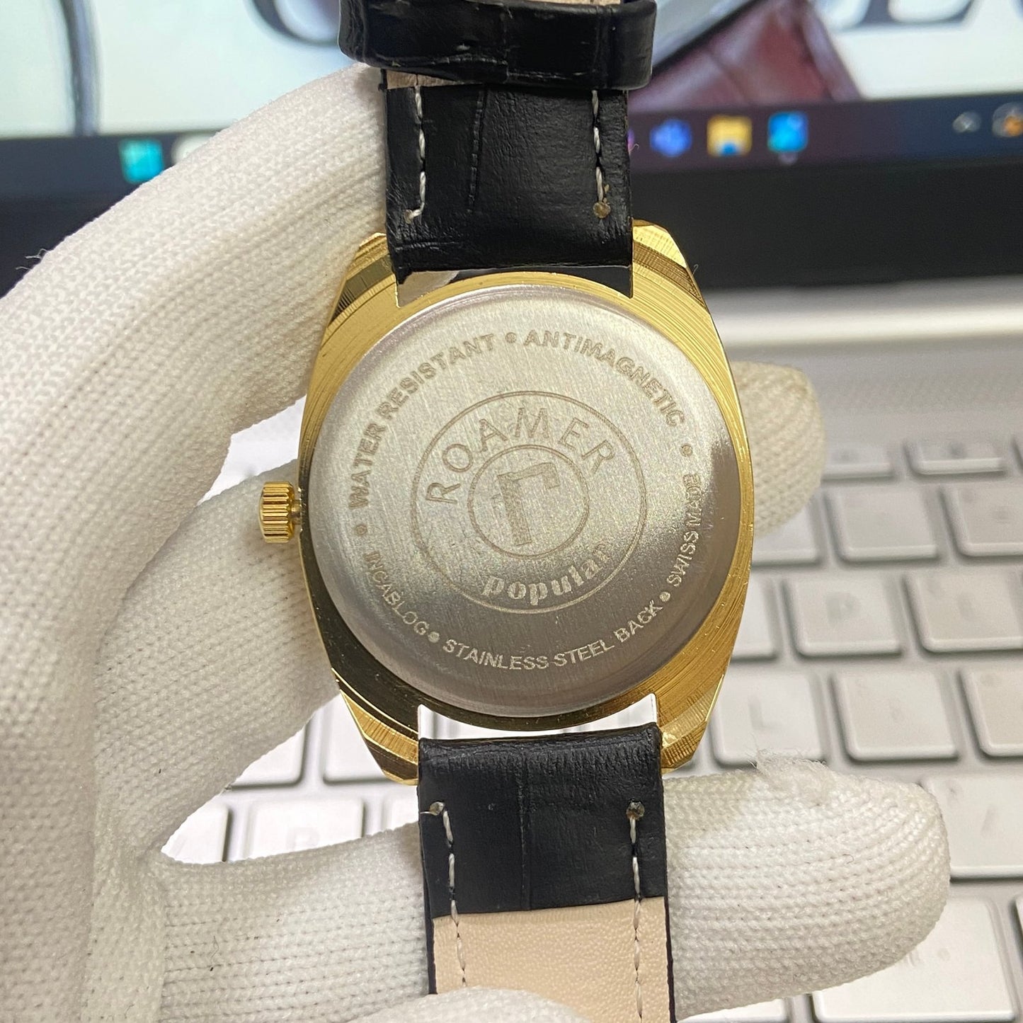 Vintage Roamer Silver Face Golden Case Mechanical Hand Winding 17 jewels Black Leather Strap Men's Wrist Watch D63
