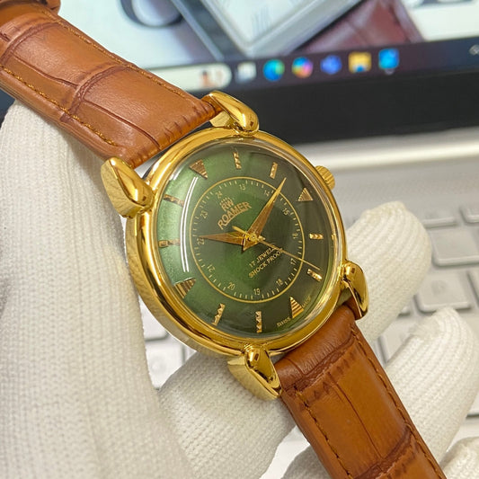 Vintage Roamer Green Face Golden Case Mechanical Hand Winding 17 jewels Brown Leather Strap Men's Wrist Watch D64