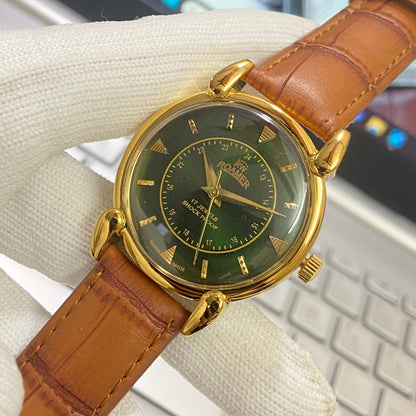 Vintage Roamer Green Face Golden Case Mechanical Hand Winding 17 jewels Brown Leather Strap Men's Wrist Watch D64