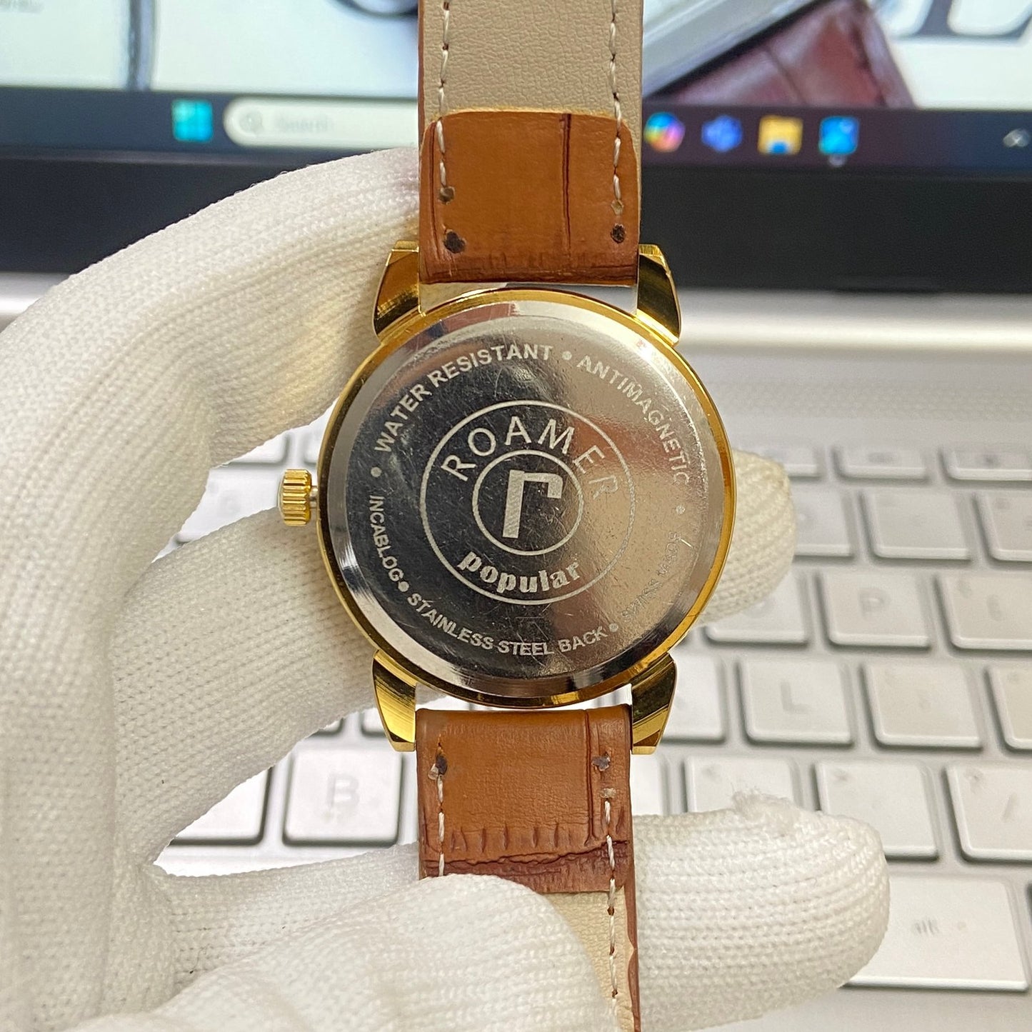 Vintage Roamer Green Face Golden Case Mechanical Hand Winding 17 jewels Brown Leather Strap Men's Wrist Watch D64