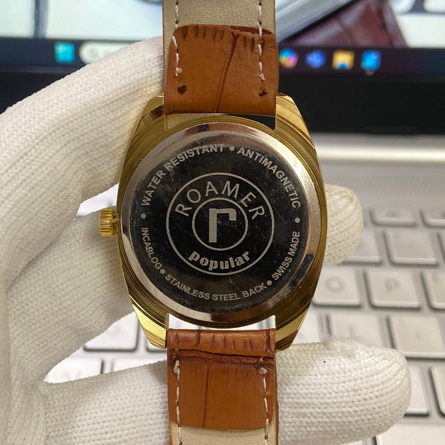 Vintage Roamer Green Face Golden Case Mechanical Hand Winding 17 jewels Brown Leather Strap Men's Wrist Watch D65