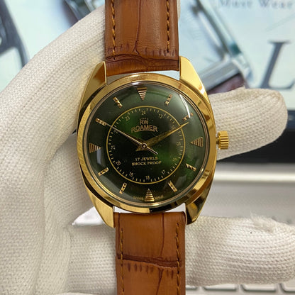 Vintage Roamer Green Face Golden Case Mechanical Hand Winding 17 jewels Brown Leather Strap Men's Wrist Watch D65