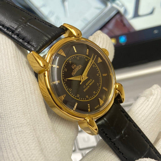 Vintage Roamer Black Face Golden Case Mechanical Hand Winding 17 jewels Black Leather Strap Men's Wrist Watch D66