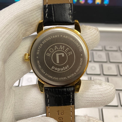 Vintage Roamer Black Face Golden Case Mechanical Hand Winding 17 jewels Black Leather Strap Men's Wrist Watch D66
