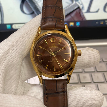 Vintage Roamer Brown Face Golden Case Mechanical Hand Winding 17 jewels Brown Leather Strap Men's Wrist Watch D67