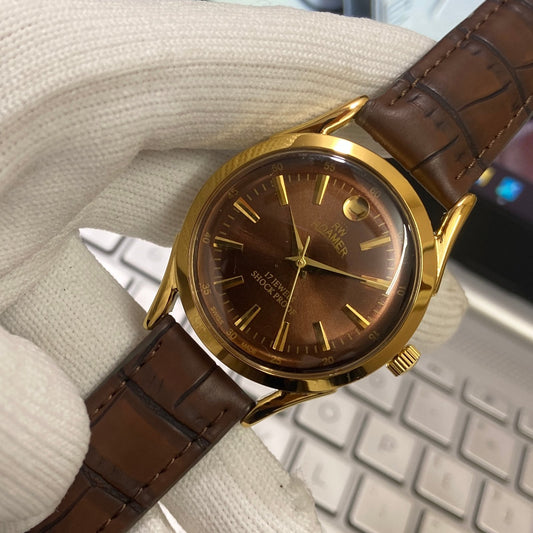 Vintage Roamer Brown Face Golden Case Mechanical Hand Winding 17 jewels Brown Leather Strap Men's Wrist Watch D67