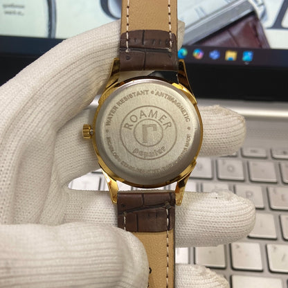 Vintage Roamer Brown Face Golden Case Mechanical Hand Winding 17 jewels Brown Leather Strap Men's Wrist Watch D67