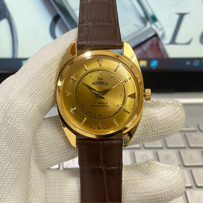 Vintage Mod Roamer Golden Face Golden Case Mechanical Hand Winding 17 jewels Brown Leather Strap Men's Wrist Watch D68