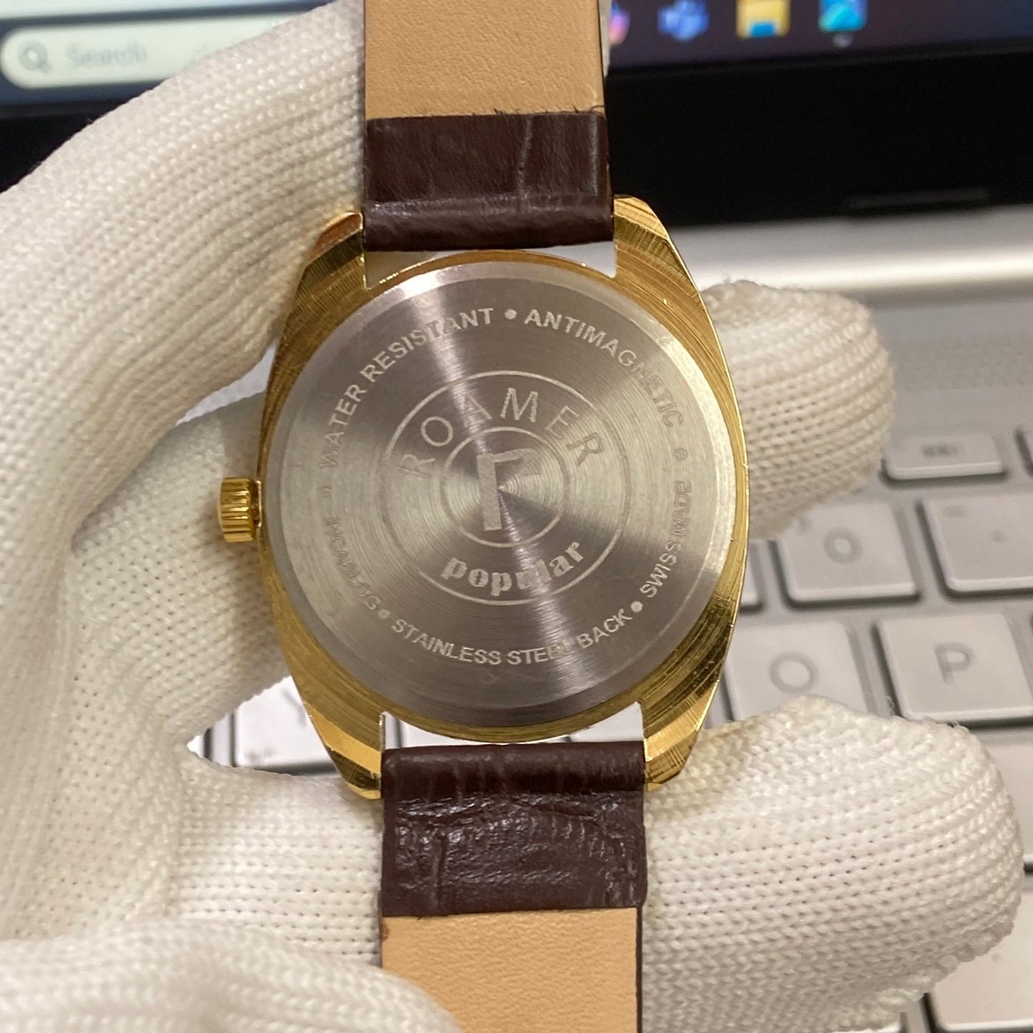 Vintage Roamer Golden Face Golden Case Mechanical Hand Winding 17 jewels Brown Leather Strap Men's Wrist Watch D68