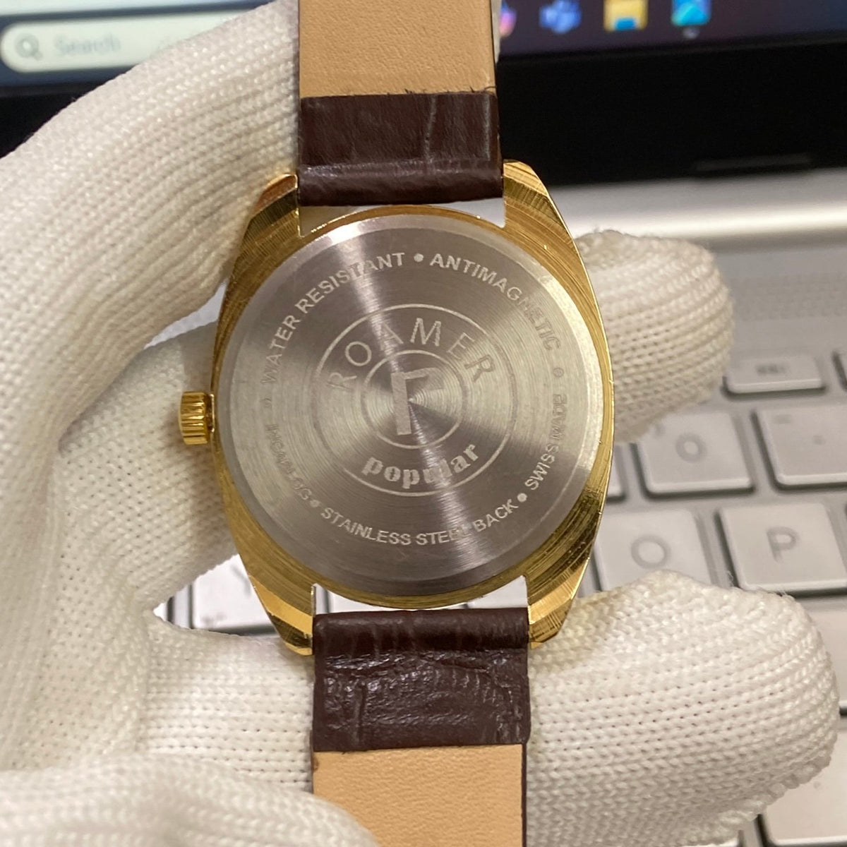 Vintage Mod Roamer Golden Face Golden Case Mechanical Hand Winding 17 jewels Brown Leather Strap Men's Wrist Watch D68