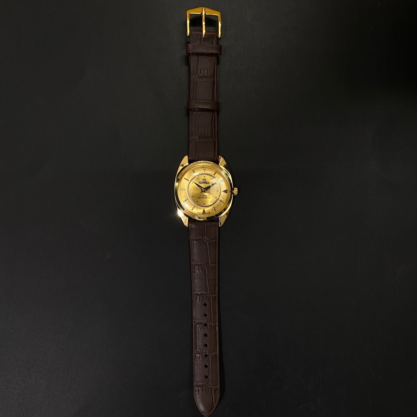 Vintage Roamer Golden Face Golden Case Mechanical Hand Winding 17 jewels Brown Leather Strap Men's Wrist Watch D68