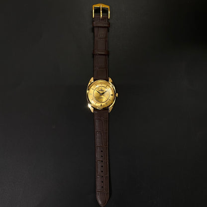 Vintage Roamer Golden Face Golden Case Mechanical Hand Winding 17 jewels Brown Leather Strap Men's Wrist Watch D68