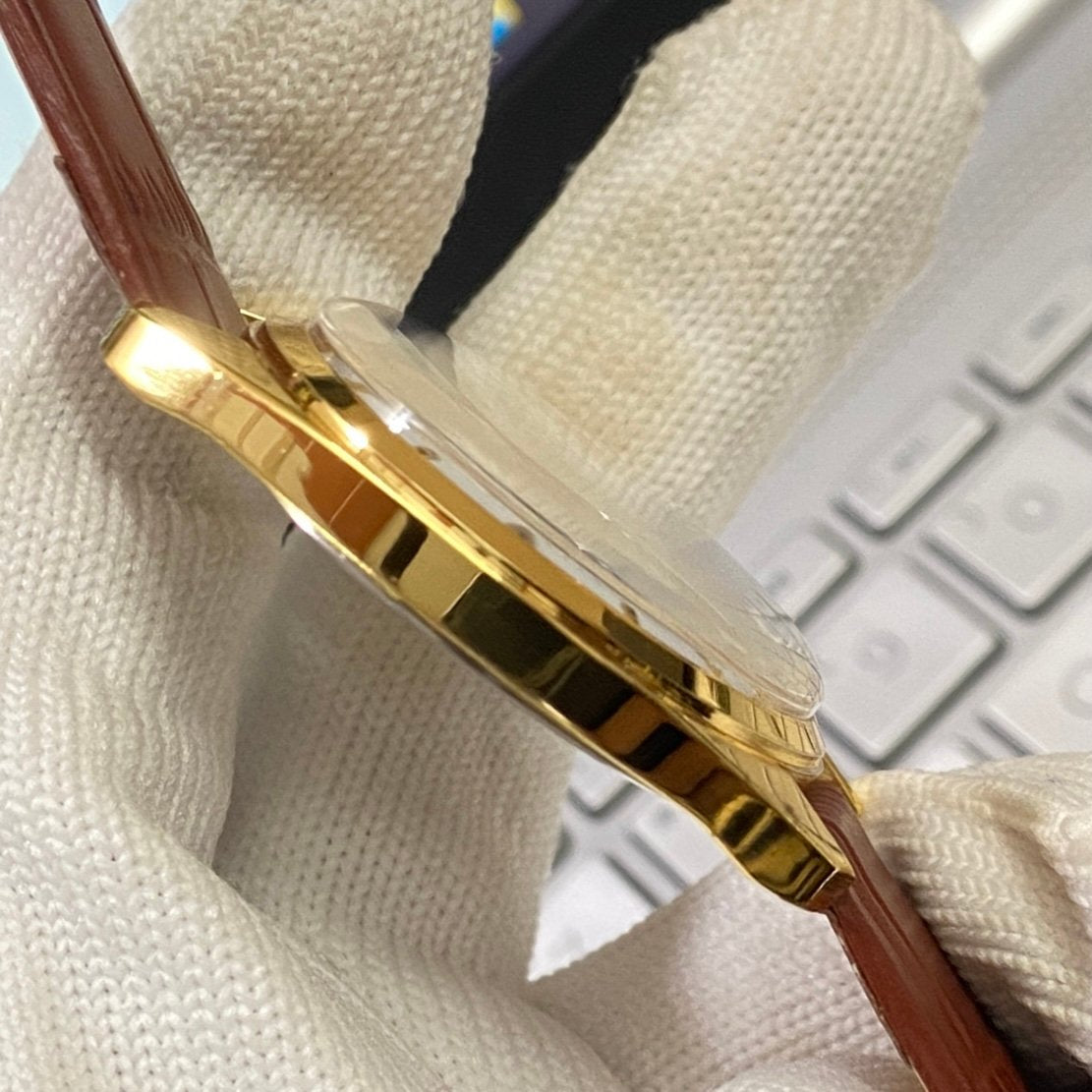 Vintage Roamer white Face Golden Case Mechanical Hand Winding 17 jewels Brown Leather Strap Men's Wrist Watch D69