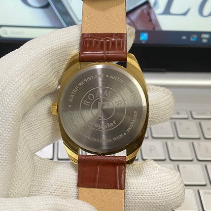 Vintage Roamer white Face Golden Case Mechanical Hand Winding 17 jewels Brown Leather Strap Men's Wrist Watch D69