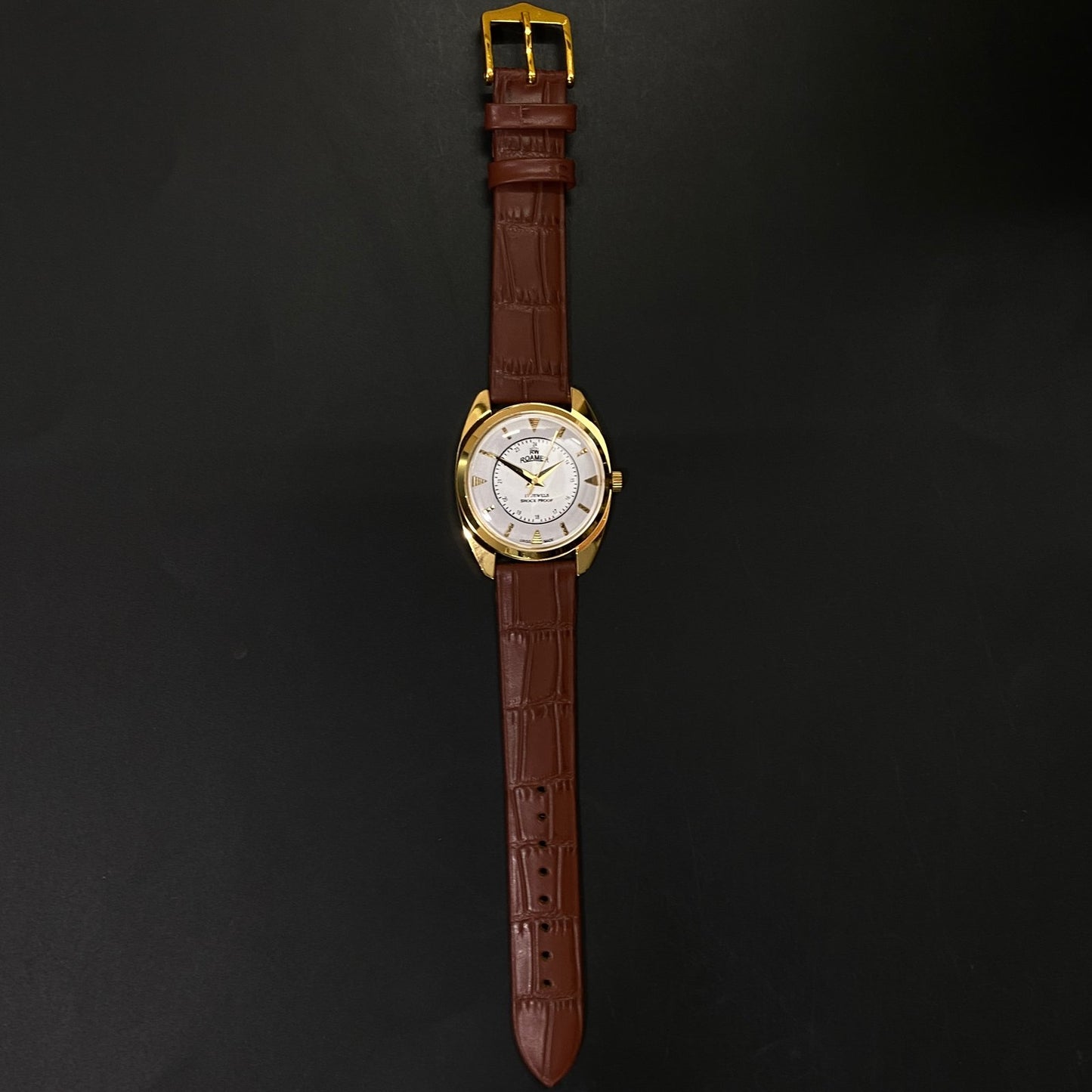 Vintage Roamer white Face Golden Case Mechanical Hand Winding 17 jewels Brown Leather Strap Men's Wrist Watch D69