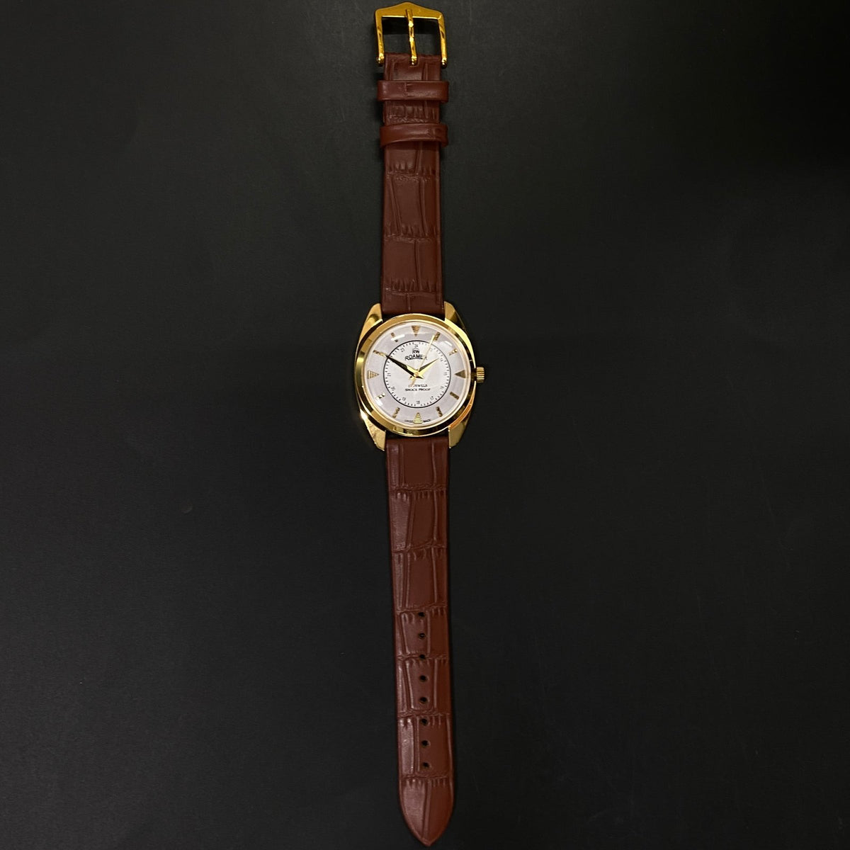 Vintage Mod Roamer white Face Golden Case Mechanical Hand Winding 17 jewels Brown Leather Strap Men's Wrist Watch D69