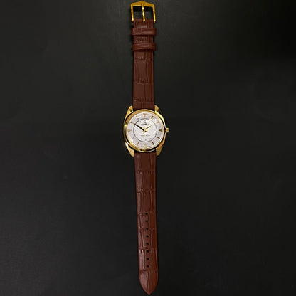 Vintage Roamer white Face Golden Case Mechanical Hand Winding 17 jewels Brown Leather Strap Men's Wrist Watch D69