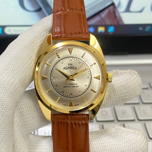Vintage Roamer Silver Face Golden Case Mechanical Hand Winding 17 jewels Brown Leather Strap Men's Wrist Watch D70