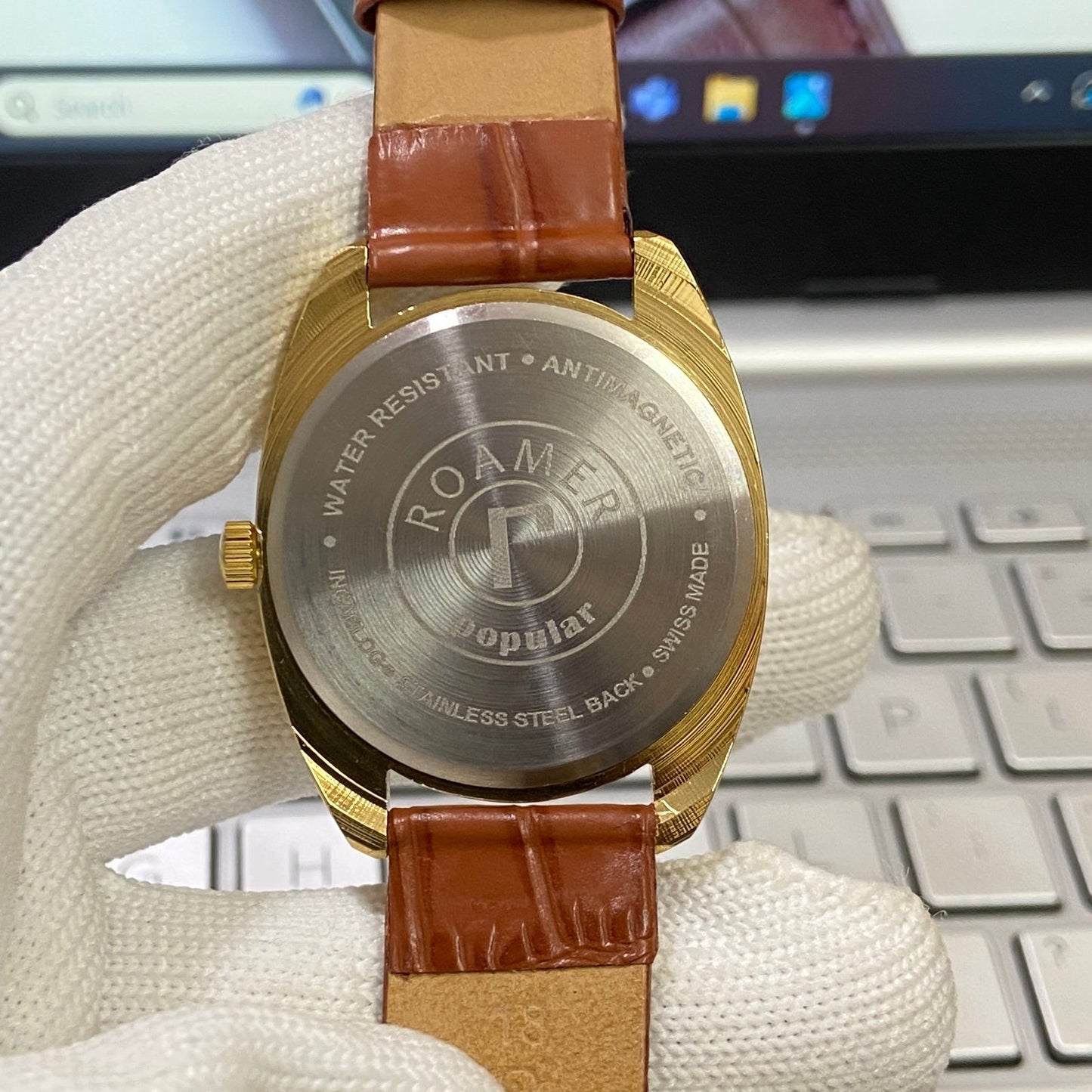 Vintage Roamer Silver Face Golden Case Mechanical Hand Winding 17 jewels Brown Leather Strap Men's Wrist Watch D70