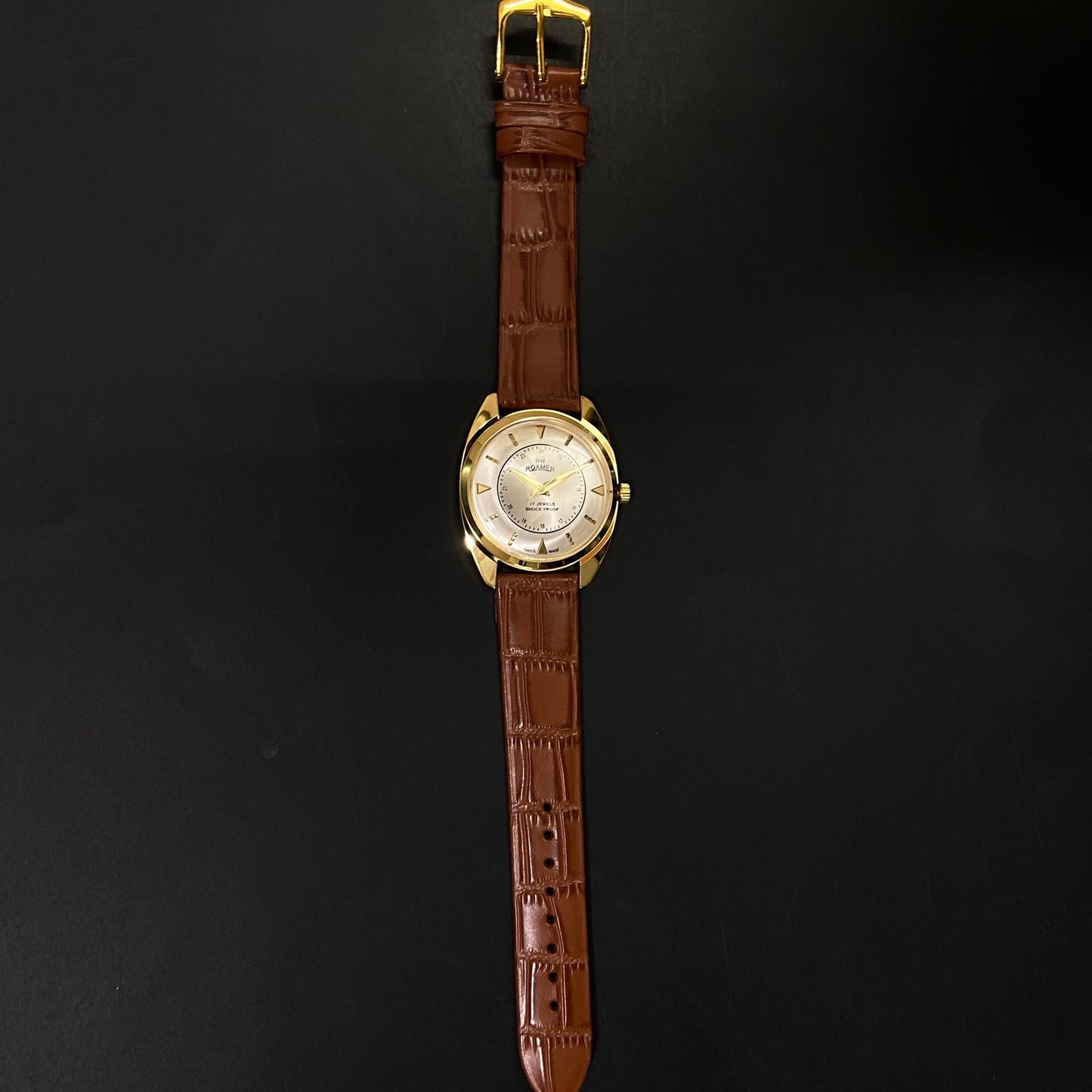 Vintage Roamer Silver Face Golden Case Mechanical Hand Winding 17 jewels Brown Leather Strap Men's Wrist Watch D70