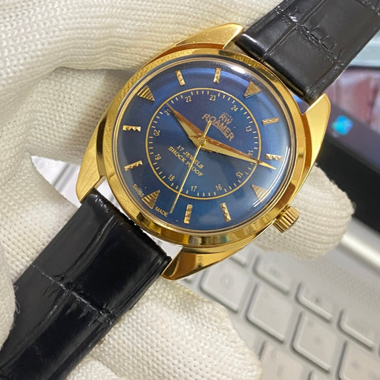Vintage Roamer Blue Face Golden Case Mechanical Hand Winding 17 jewels Black Leather Strap Men's Wrist Watch D71