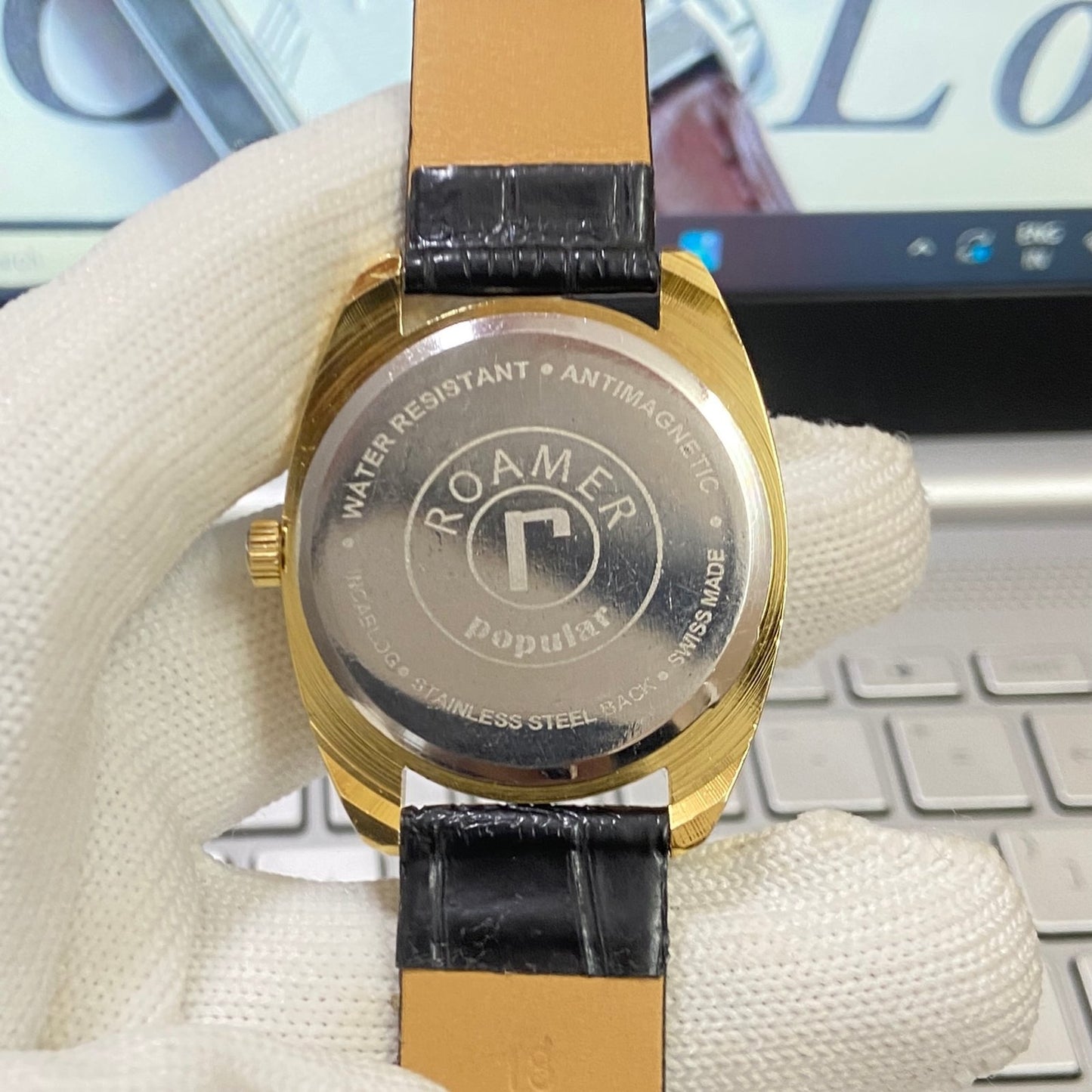 Vintage Roamer Blue Face Golden Case Mechanical Hand Winding 17 jewels Black Leather Strap Men's Wrist Watch D71