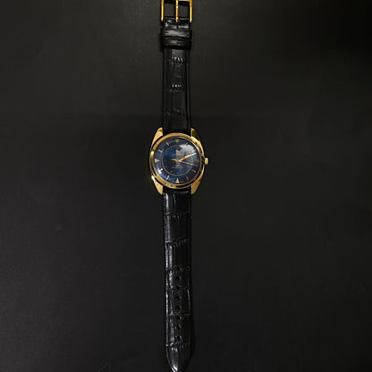 Vintage Roamer Blue Face Golden Case Mechanical Hand Winding 17 jewels Black Leather Strap Men's Wrist Watch D71