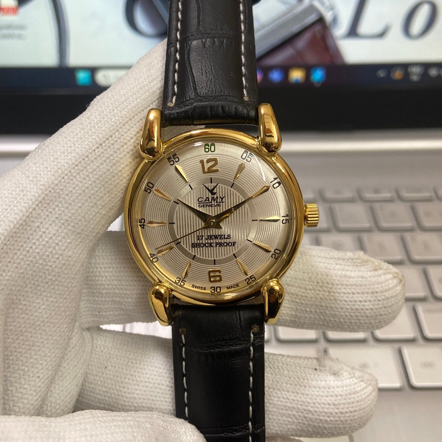 Vintage Camy Silver Face Golden Case Mechanical Hand Winding 17 jewels Black Leather Strap Men's Wrist Watch D72