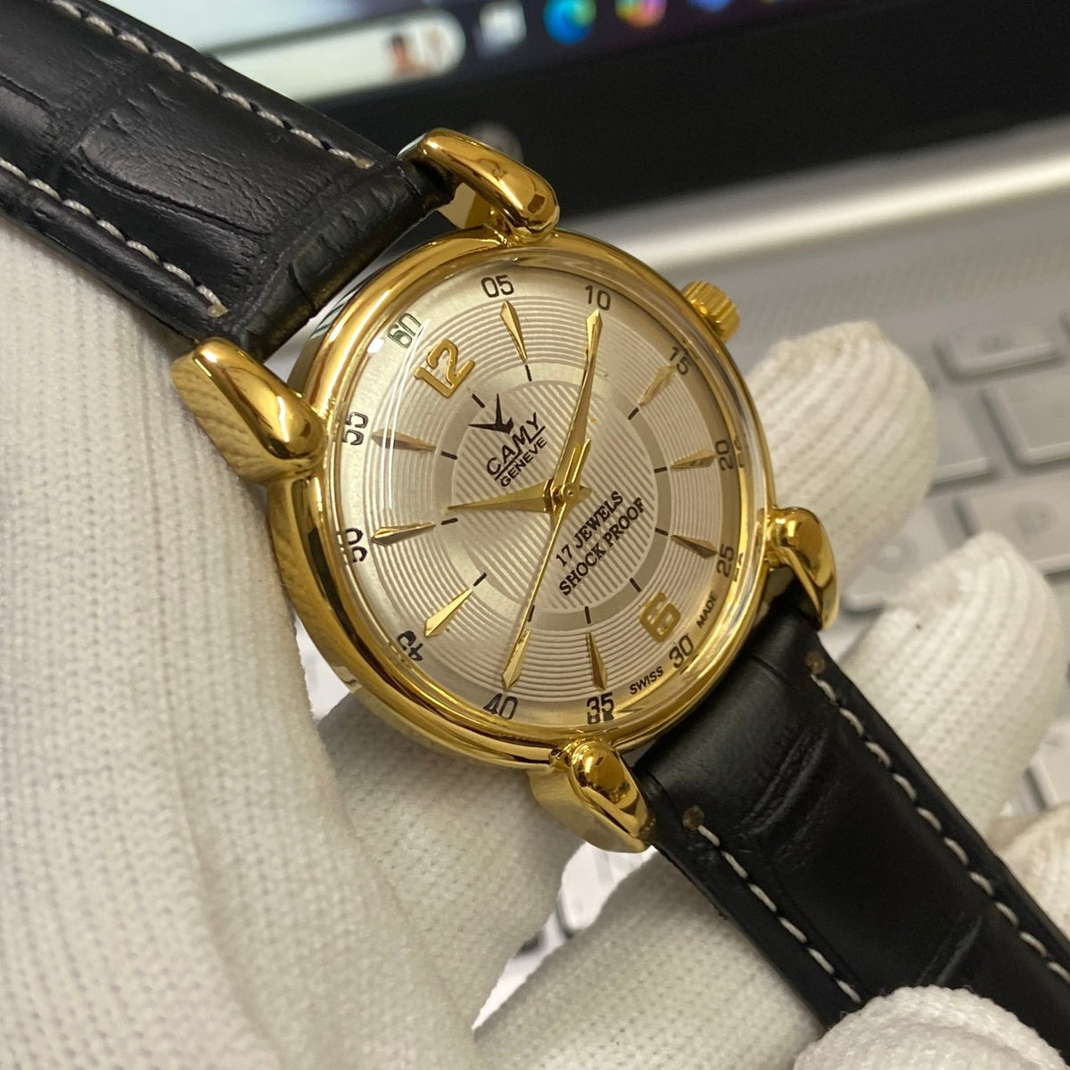 Vintage Mod Camy Silver Face Golden Case Mechanical Hand Winding 17 jewels Black Leather Strap Men's Wrist Watch D72