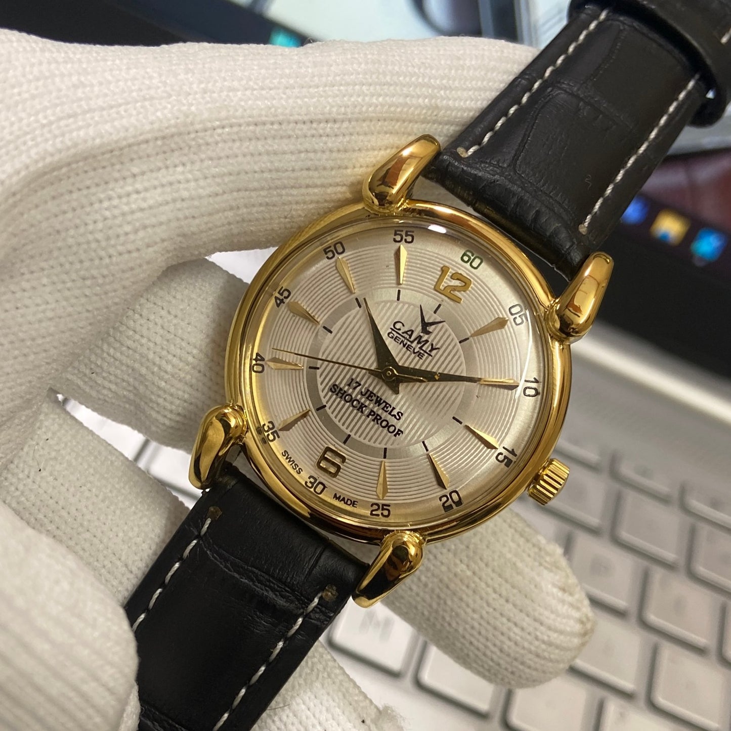 Vintage Camy Silver Face Golden Case Mechanical Hand Winding 17 jewels Black Leather Strap Men's Wrist Watch D72