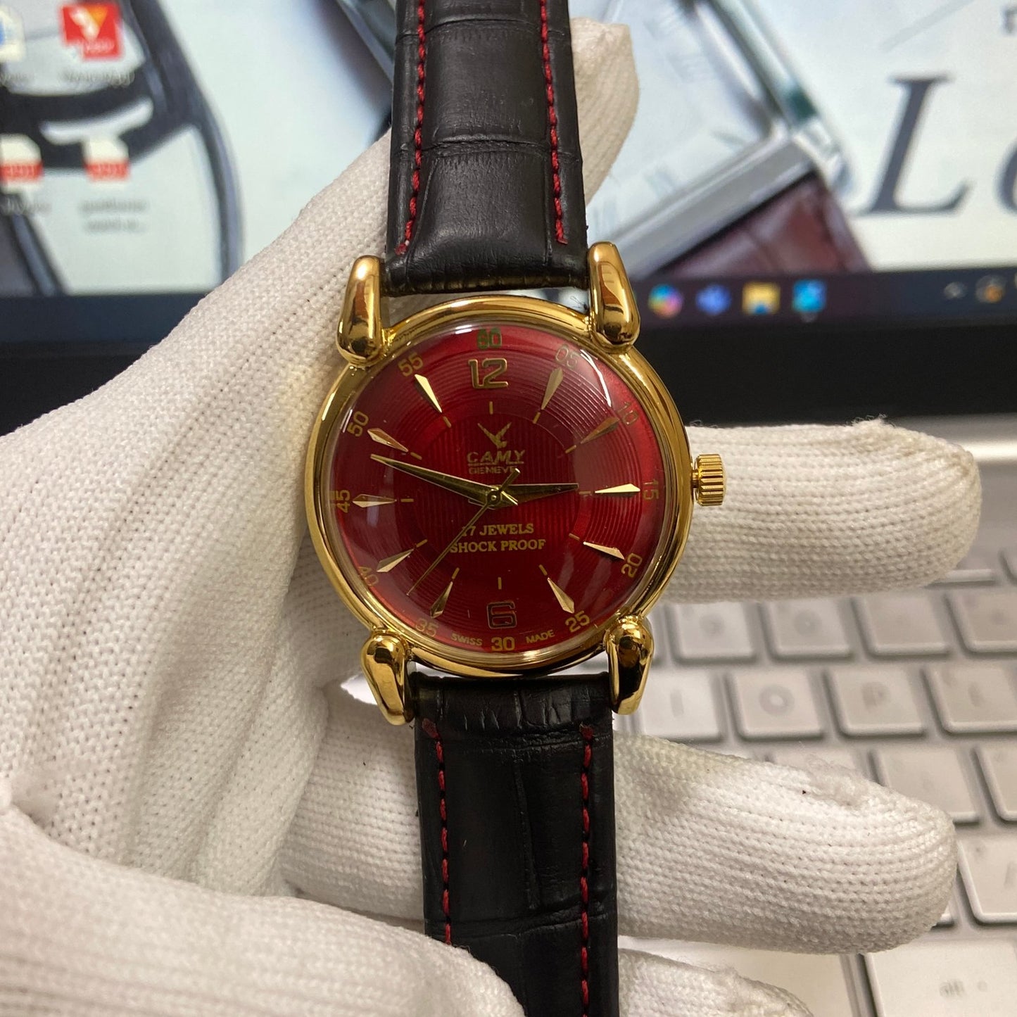Vintage Camy Red Face Golden Case Mechanical Hand Winding 17 jewels Black Leather Strap Men's Wrist Watch D73