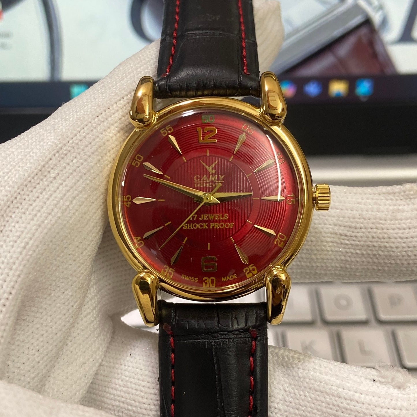Vintage Camy Red Face Golden Case Mechanical Hand Winding 17 jewels Black Leather Strap Men's Wrist Watch D73
