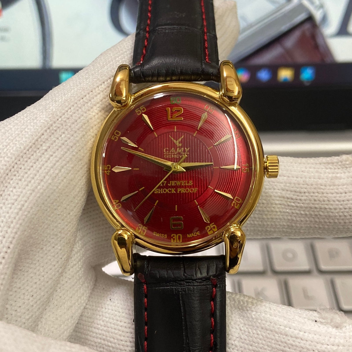 Vintage Mod Camy Red Face Golden Case Mechanical Hand Winding 17 jewels Black Leather Strap Men's Wrist Watch D73