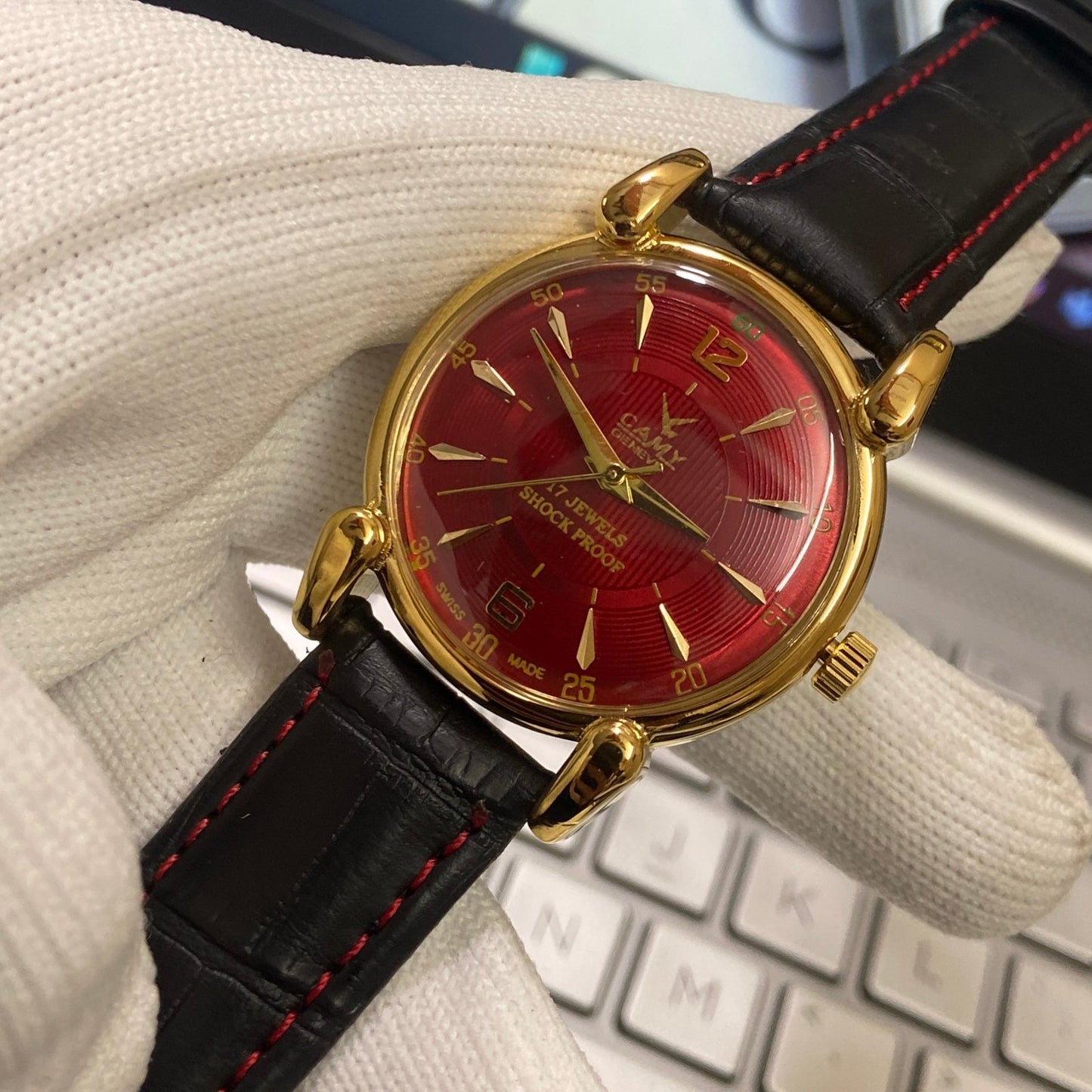 Vintage Camy Red Face Golden Case Mechanical Hand Winding 17 jewels Black Leather Strap Men's Wrist Watch D73
